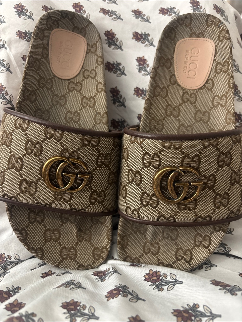Gucci Beige Brown GG Canvas Slide Sandals with Gold Double G